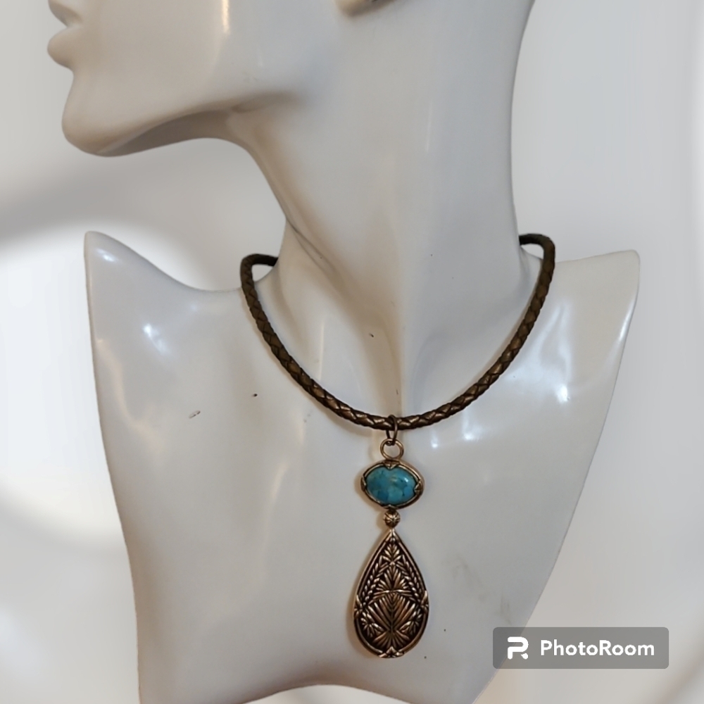 BARSE Interchangeable Jasper Turquoise Pendant Bronze Leather Cord Necklace - Picture 3 of 11